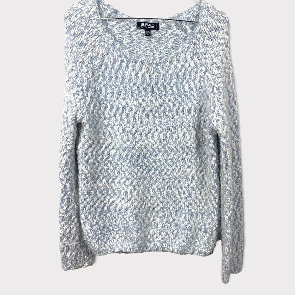 Buffalo David Britton White Blue Fuzzy Sweater